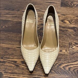 Stuart Weitzman Cream Snakeskin Pointed-Toe Heels